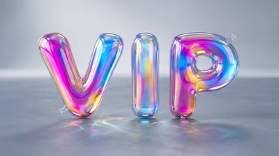 Iridescent Inflatable VIP Letters On A Reflective Surface