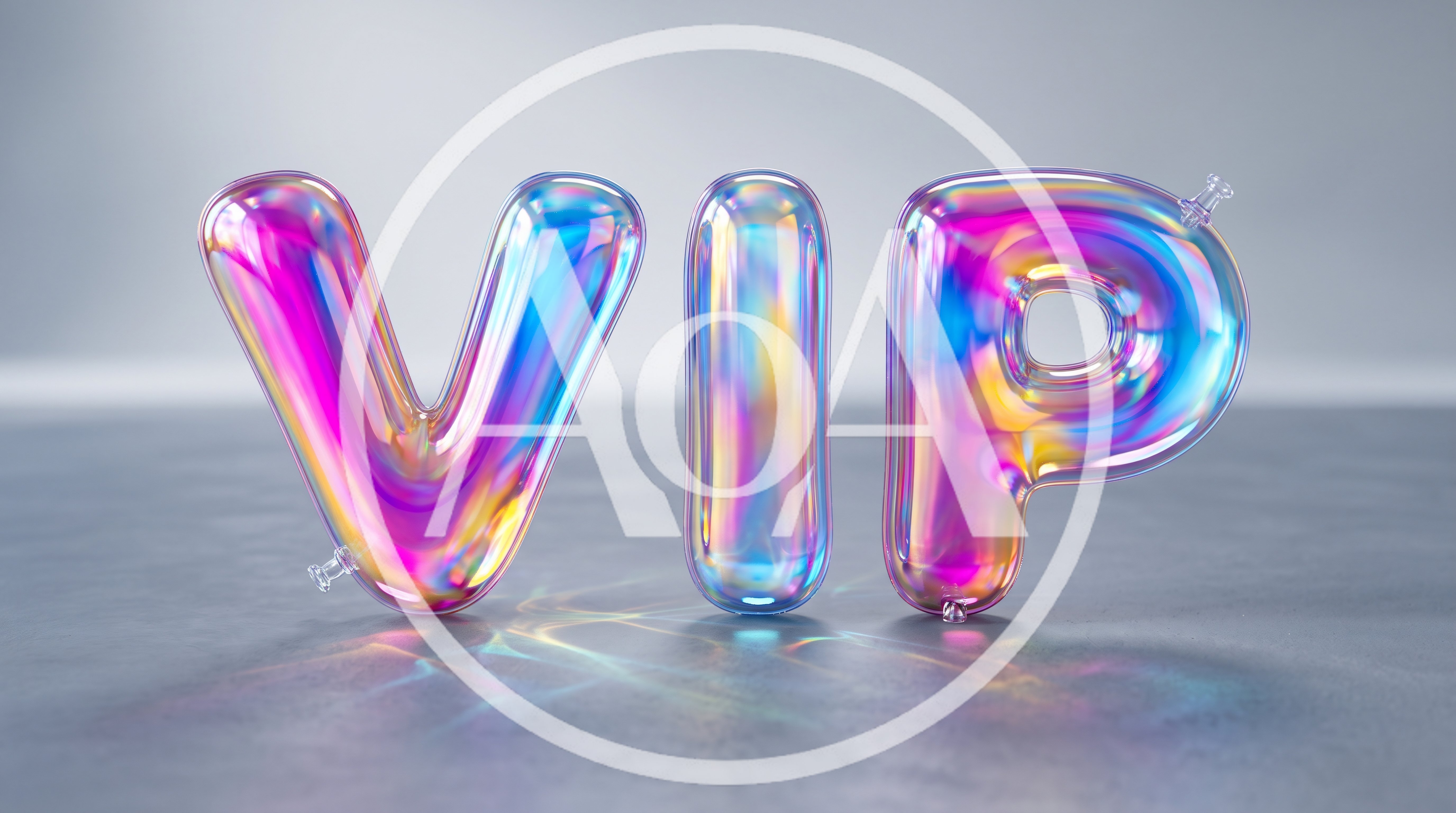 Iridescent Inflatable VIP Letters On A Reflective Surface