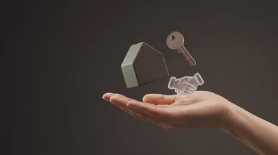 Hand Holding Floating 3D House Key And Handshake Icons