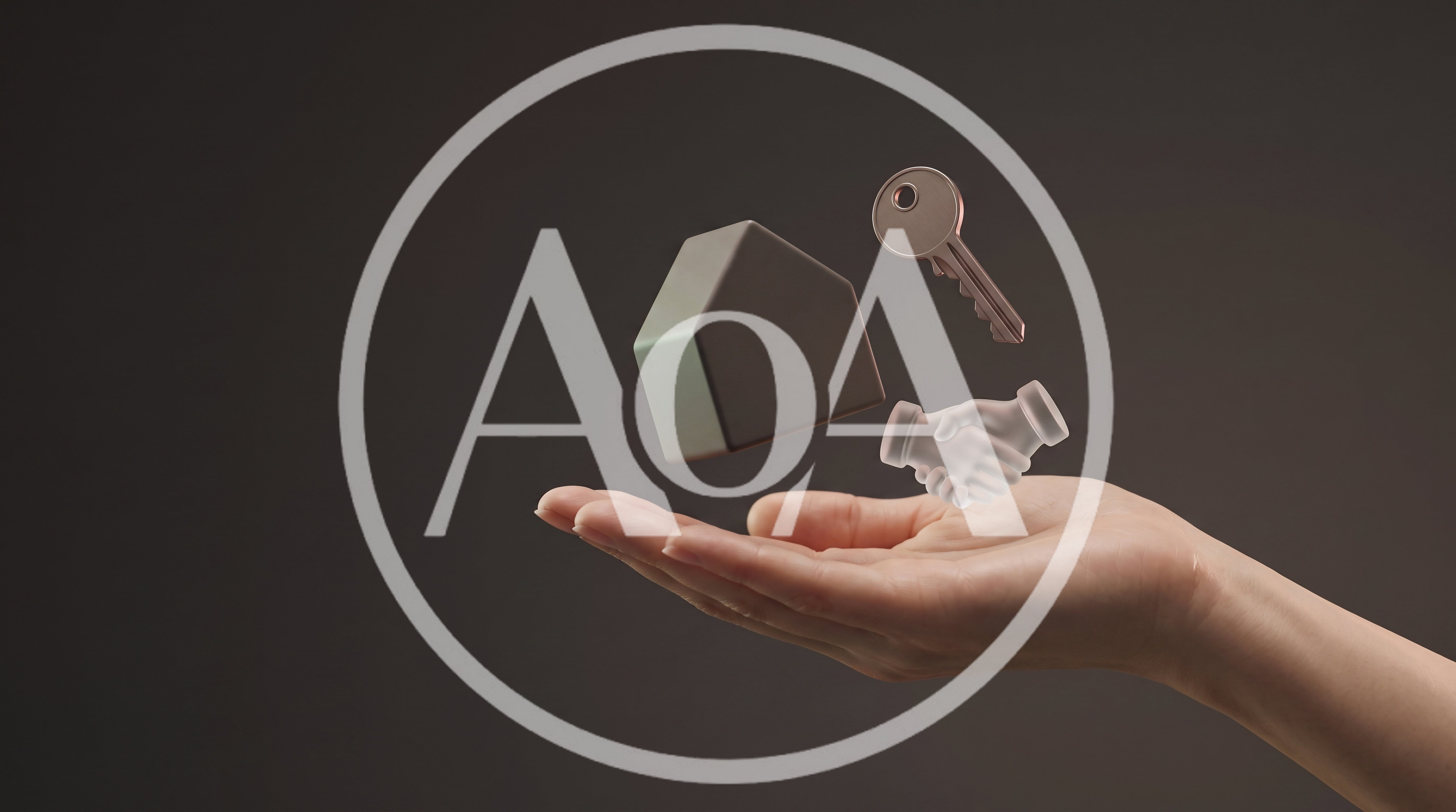 Hand Holding Floating 3D House Key And Handshake Icons