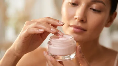 Woman Applying Face Cream From A Glass Jar