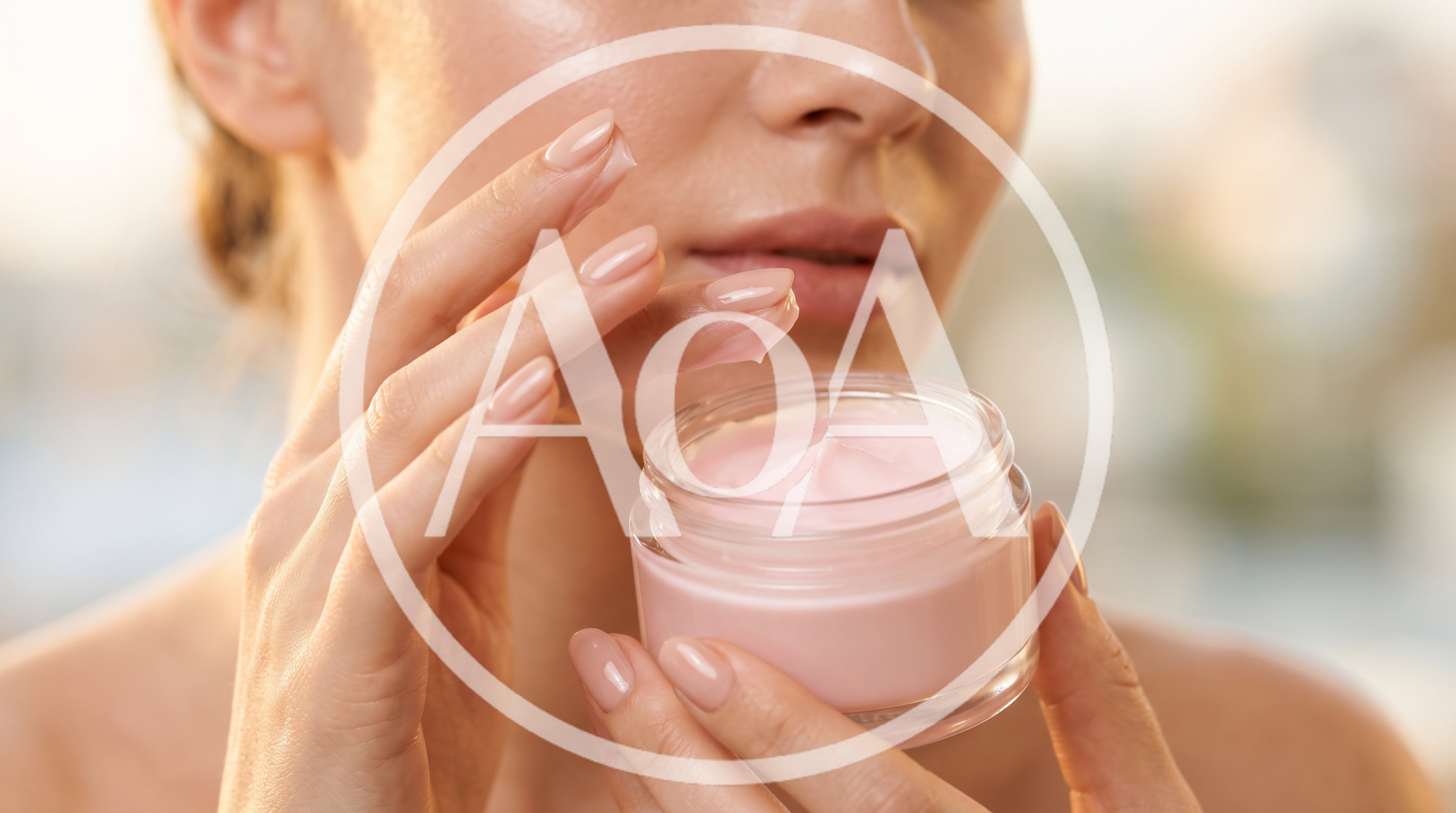 Woman Applying Pink Face Cream From Glass Jar