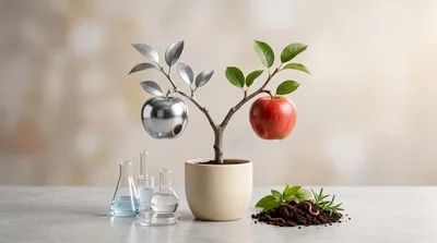 Conceptual Apple Tree With Natural And Metallic Fruit