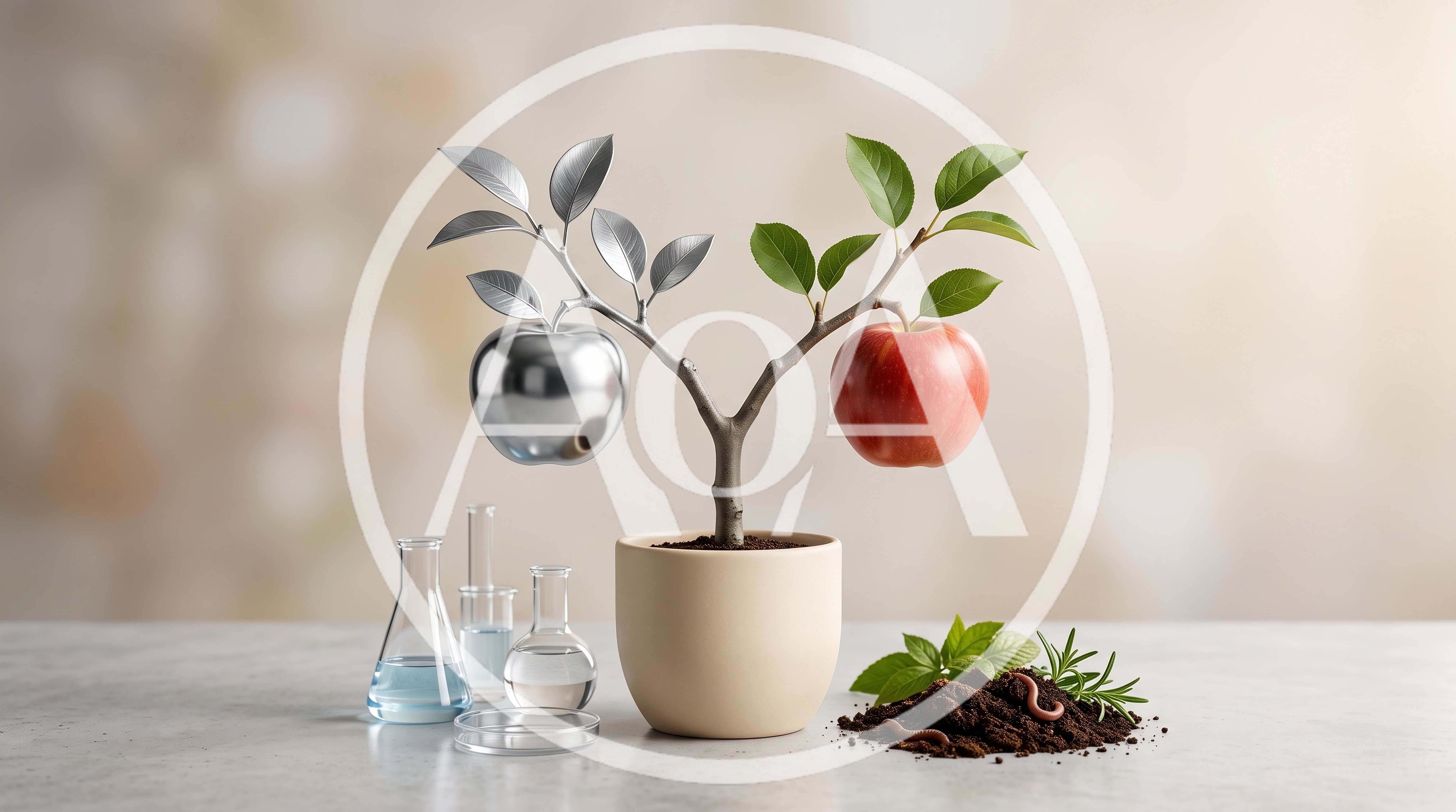 Conceptual Apple Tree With Natural And Metallic Fruit