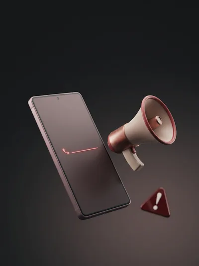 3D Render of Smartphone with Megaphone and Warning Icon
