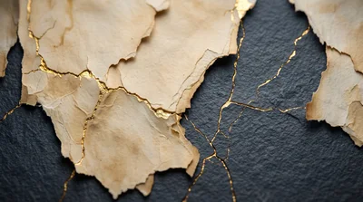 Kintsugi Style Torn Paper Fragments On Dark Textured Background