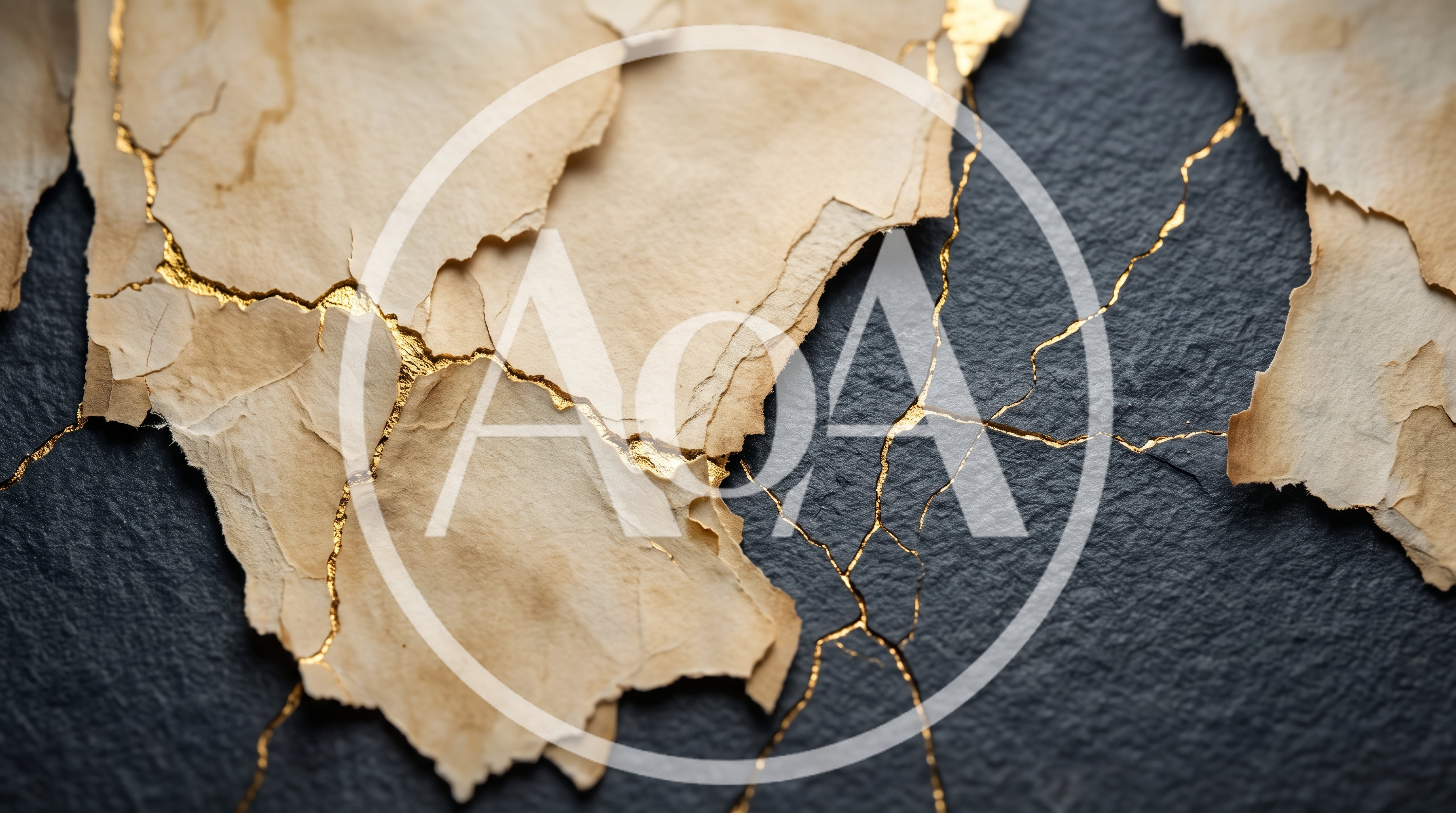 Kintsugi Style Torn Paper Fragments On Dark Textured Background