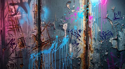 Graffiti Covered Metal Wall With Neon Paint Drips