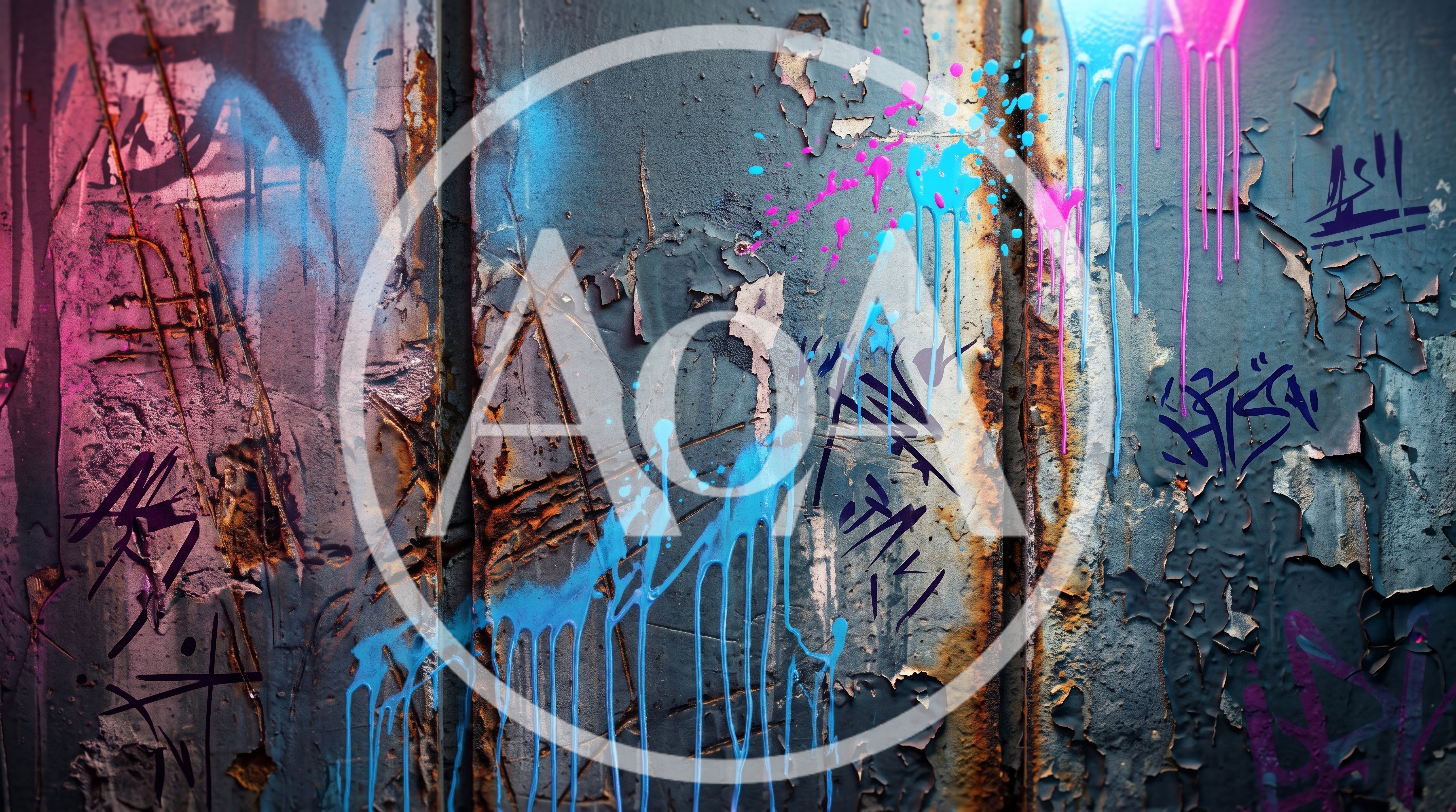 Graffiti Covered Metal Wall With Neon Paint Drips