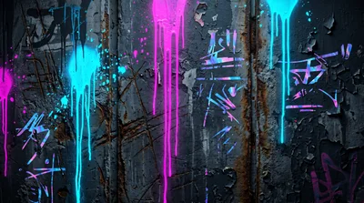 Neon Paint Drips On Weathered Industrial Metal Surface