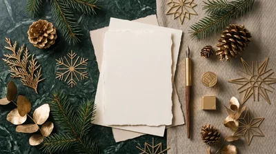 Flat Lay Christmas Stationery With Gold Decorations