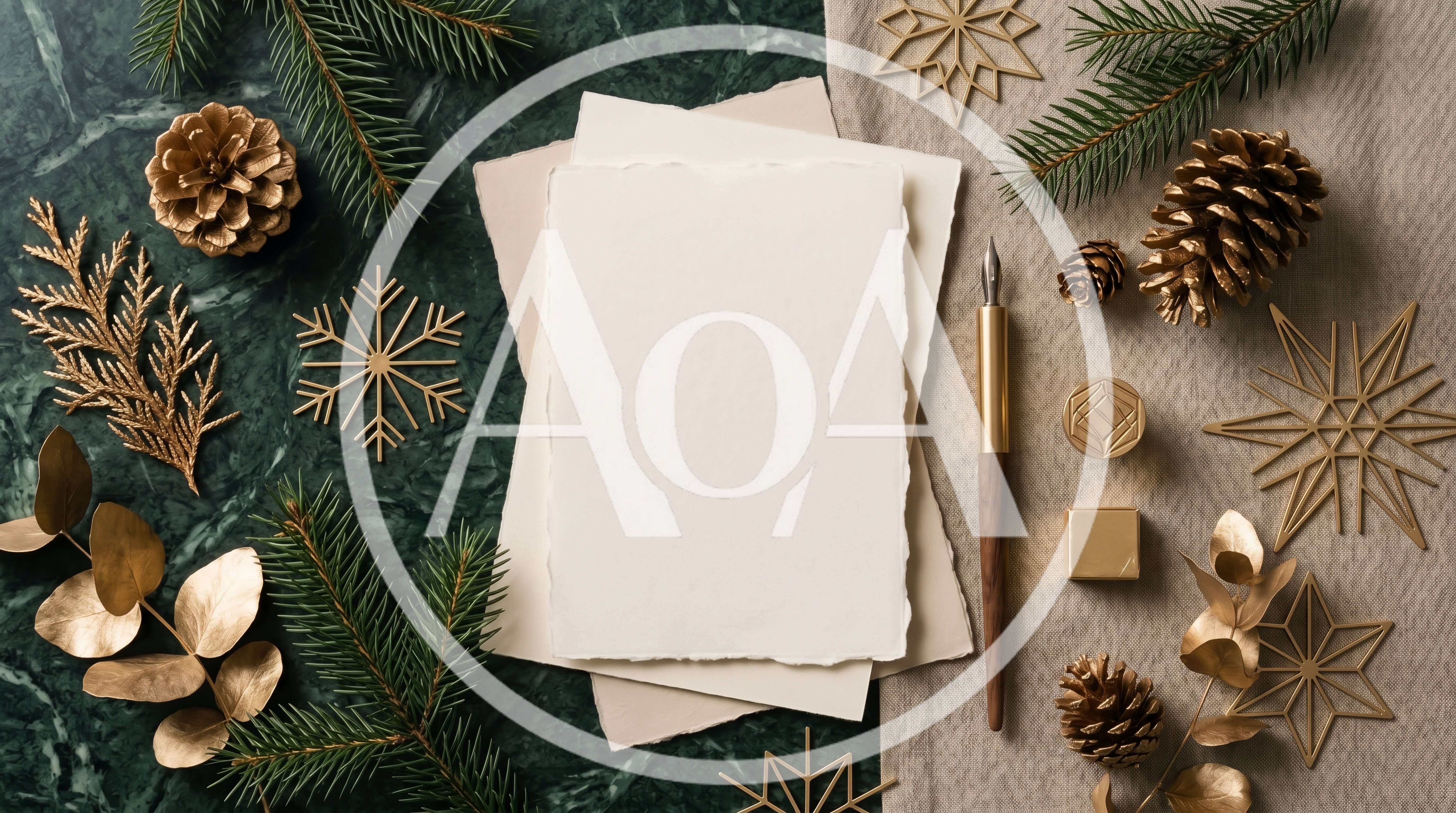 Flat Lay Christmas Stationery With Gold Decorations