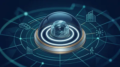 Digital Surveillance Camera With Connected Network Data Icons