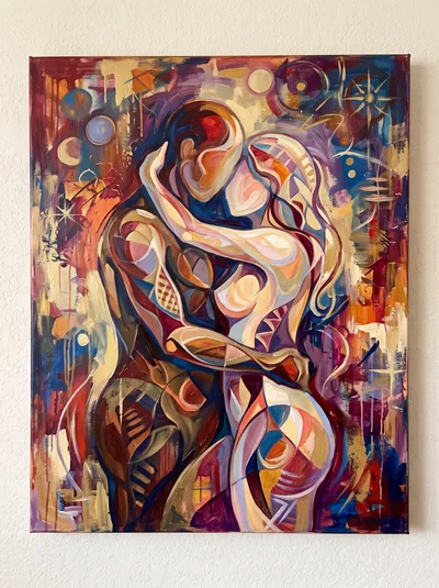 Abstract Painting Of A Couple Embracing In Passionate Kiss