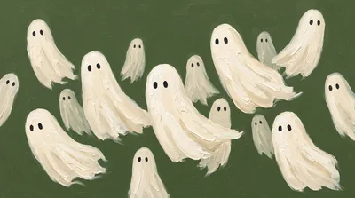 Oil Painting Of Multiple Floating Ghosts On Green Background