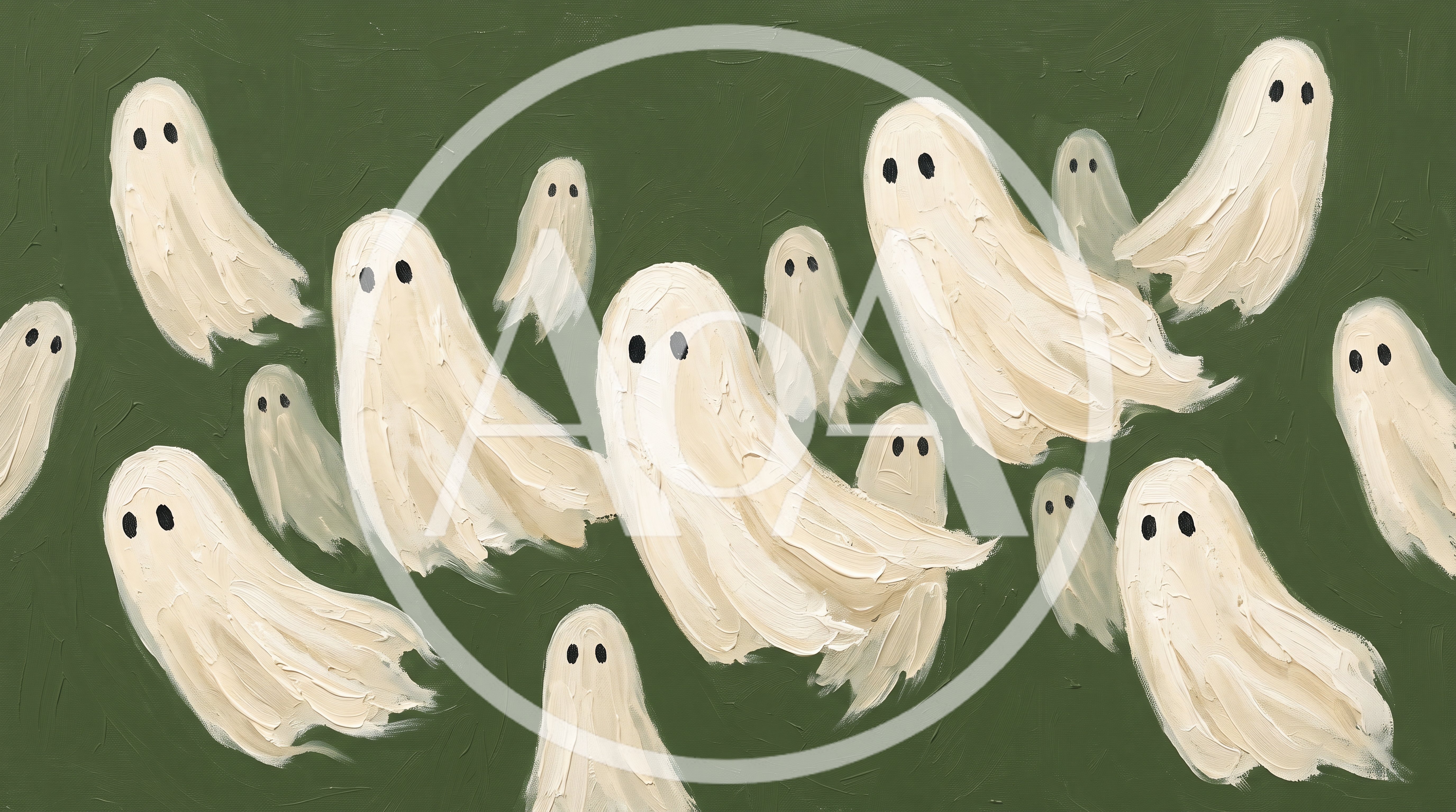 Oil Painting Of Multiple Floating Ghosts On Green Background