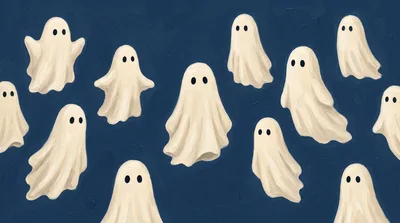 Pattern Of Cute Hand Painted Ghosts On Blue Background
