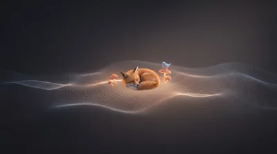 Sleeping Fox With Bird And Mushrooms On Digital Landscape