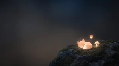 Glowing Sleeping Fox On A Mossy Rock