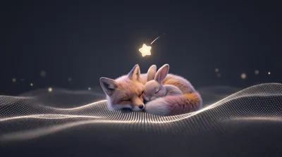 Sleeping Fox And Rabbit On Digital Particle Landscape