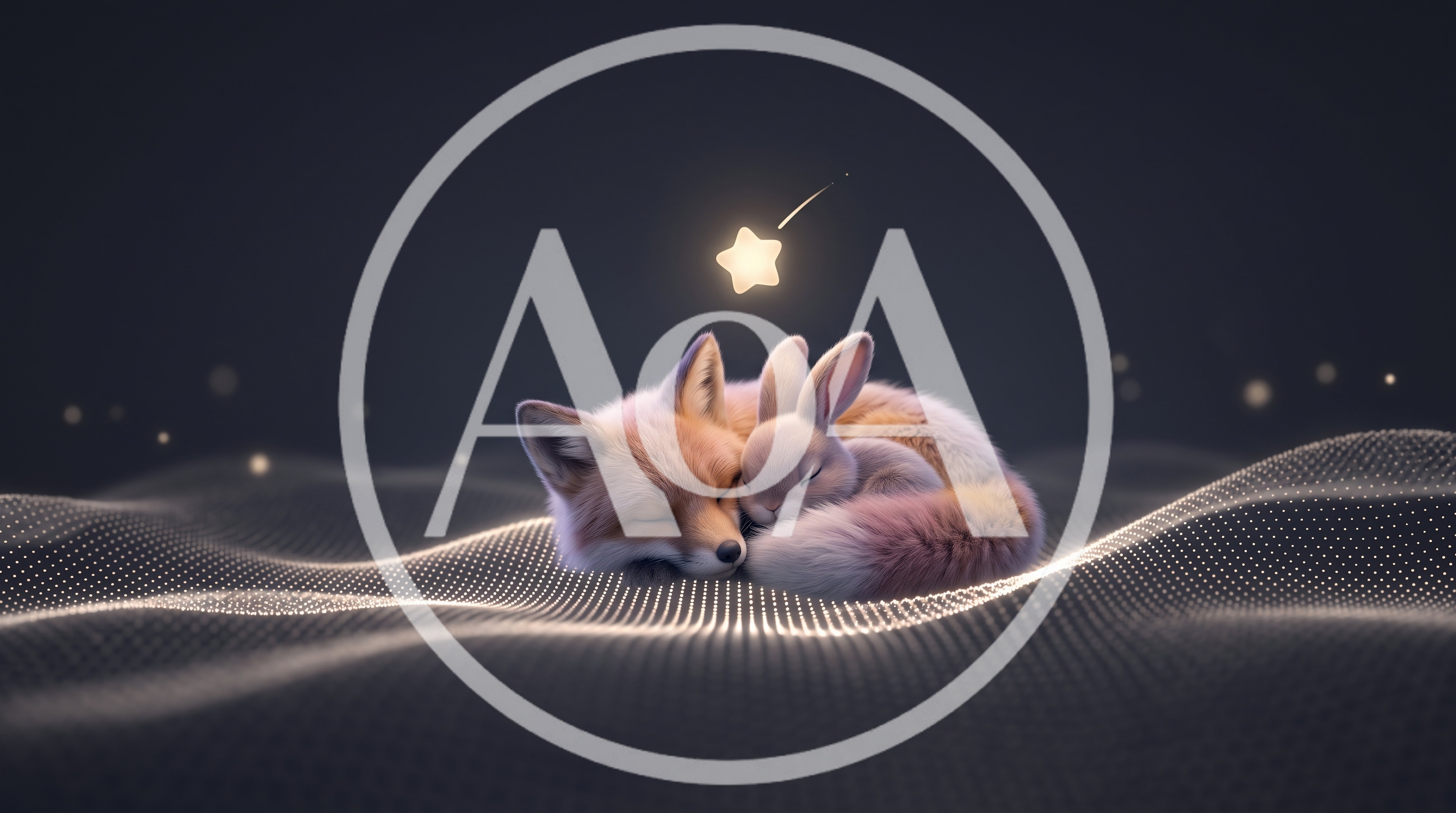 Sleeping Fox And Rabbit On Digital Particle Landscape