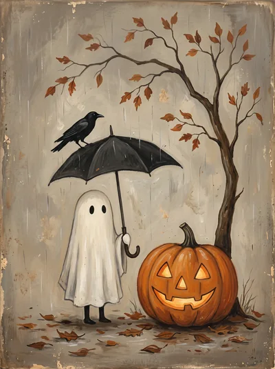 Cute Ghost Holding Umbrella With Crow And Jack O Lantern