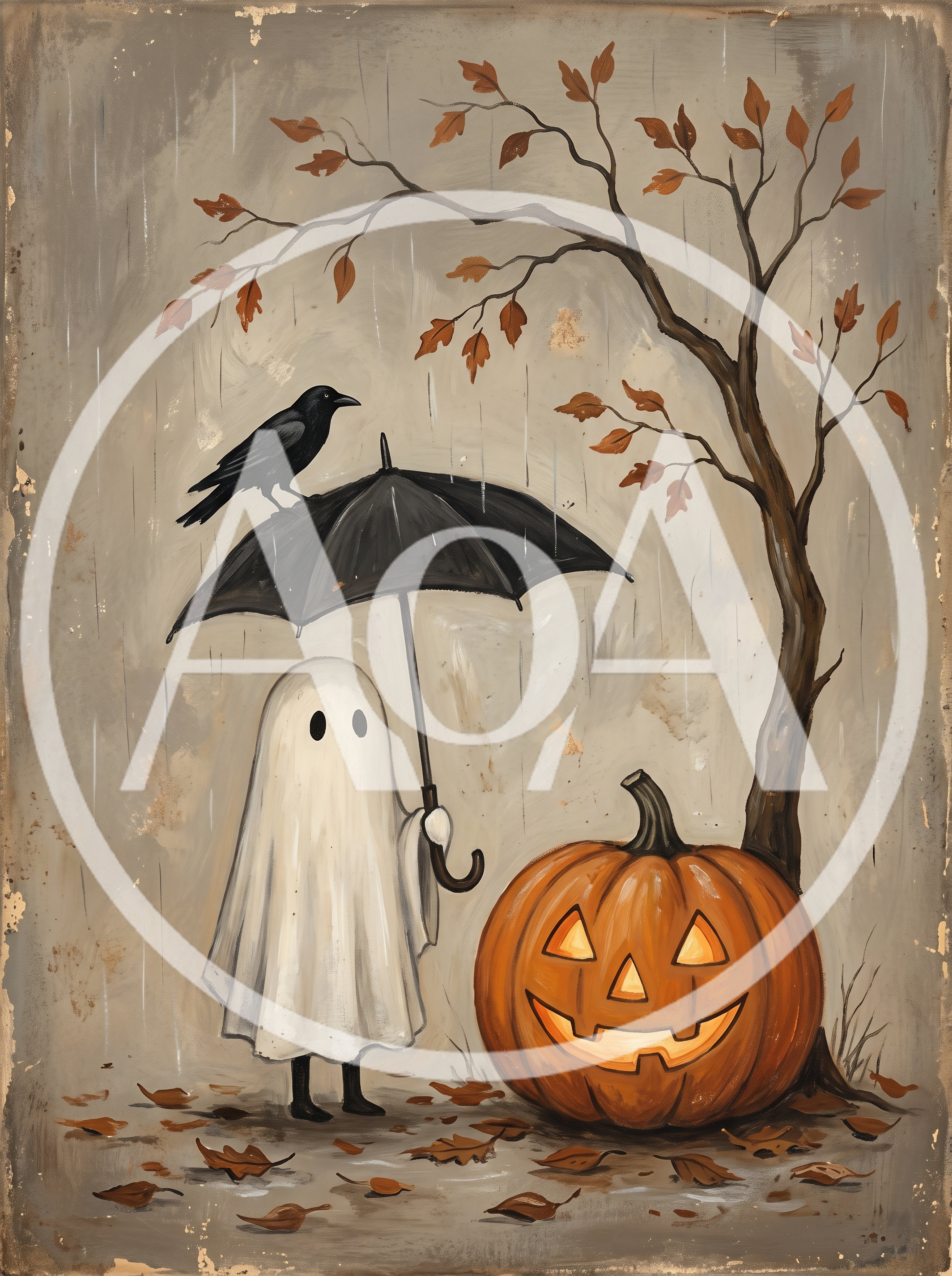 Cute Ghost Holding Umbrella With Crow And Jack O Lantern
