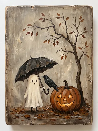 Ghost With Umbrella And Crow Beside A Jack O Lantern