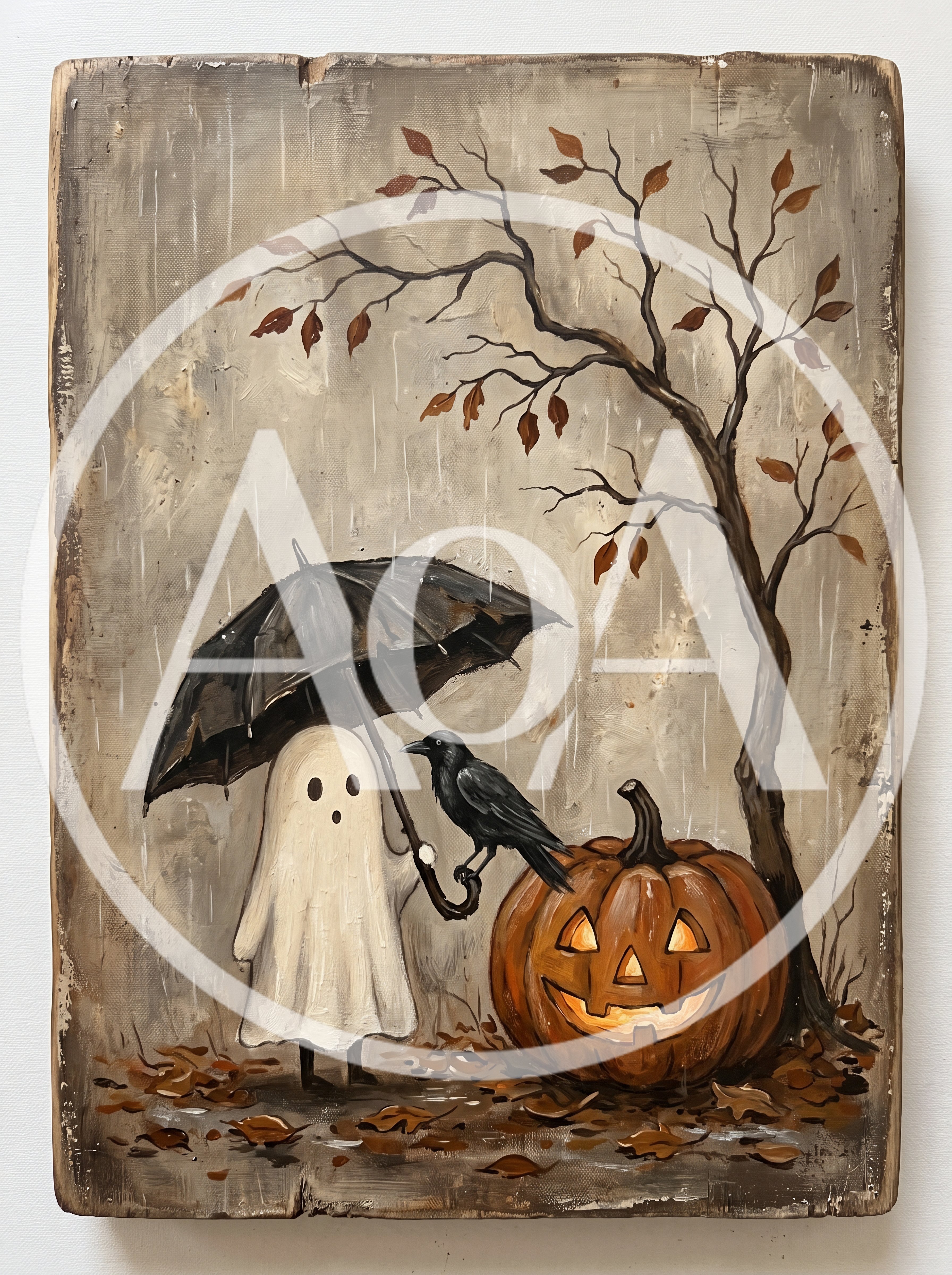 Ghost With Umbrella And Crow Beside A Jack O Lantern