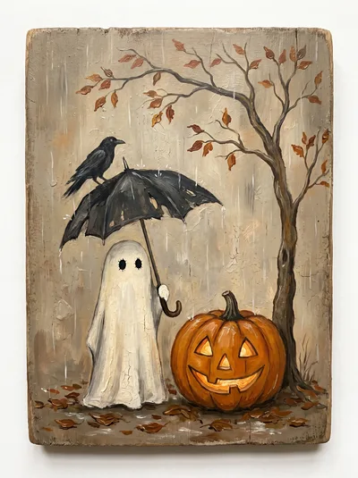 Ghost Holding Umbrella With Crow And Jack O Lantern