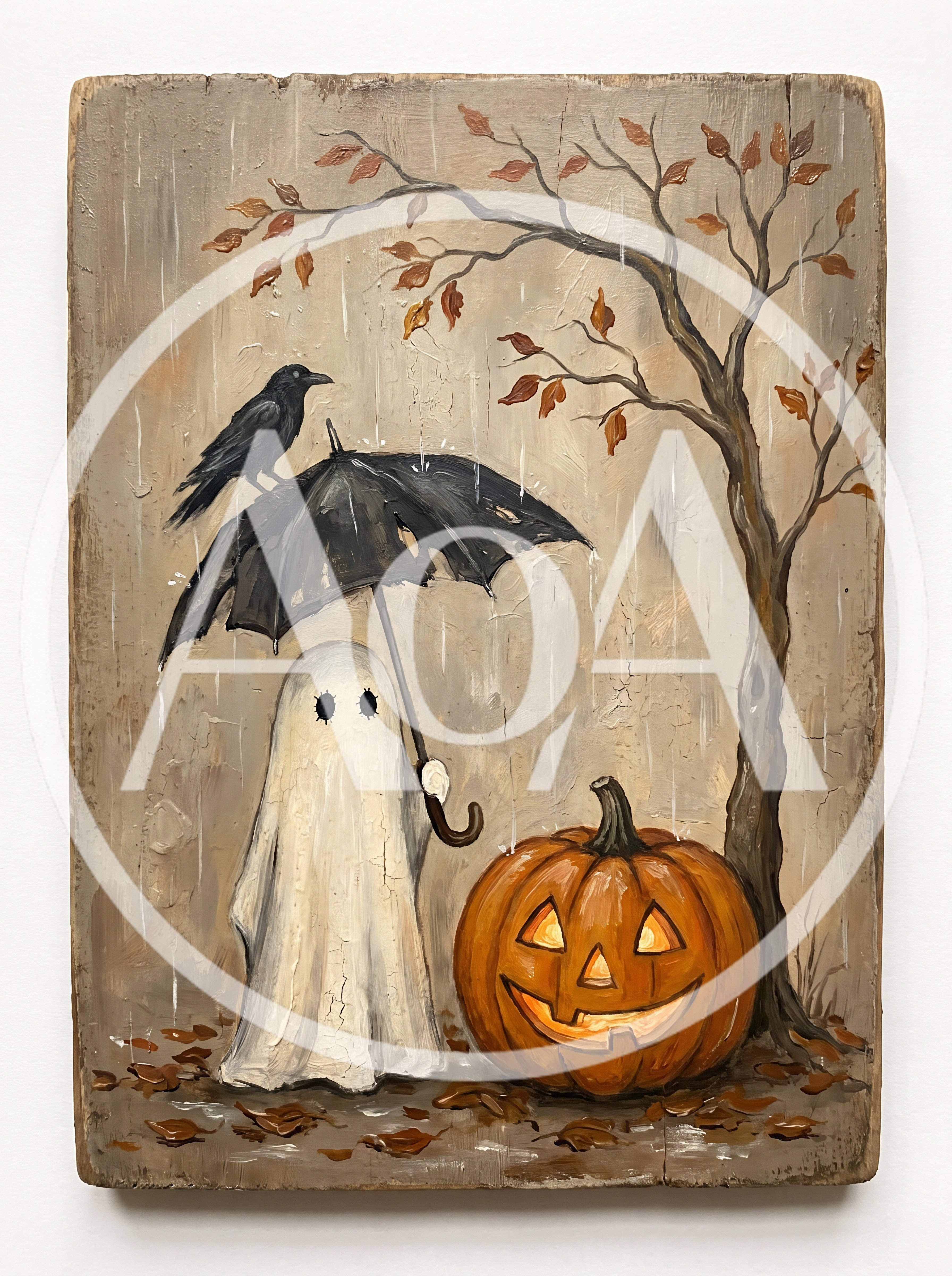 Ghost Holding Umbrella With Crow And Jack O Lantern