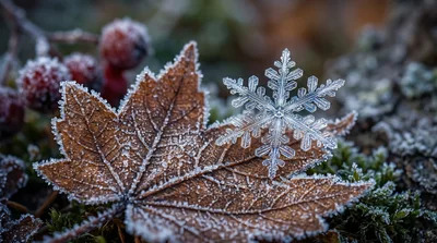 Single Snowflake Resting On A Frosted Autumn Leaf