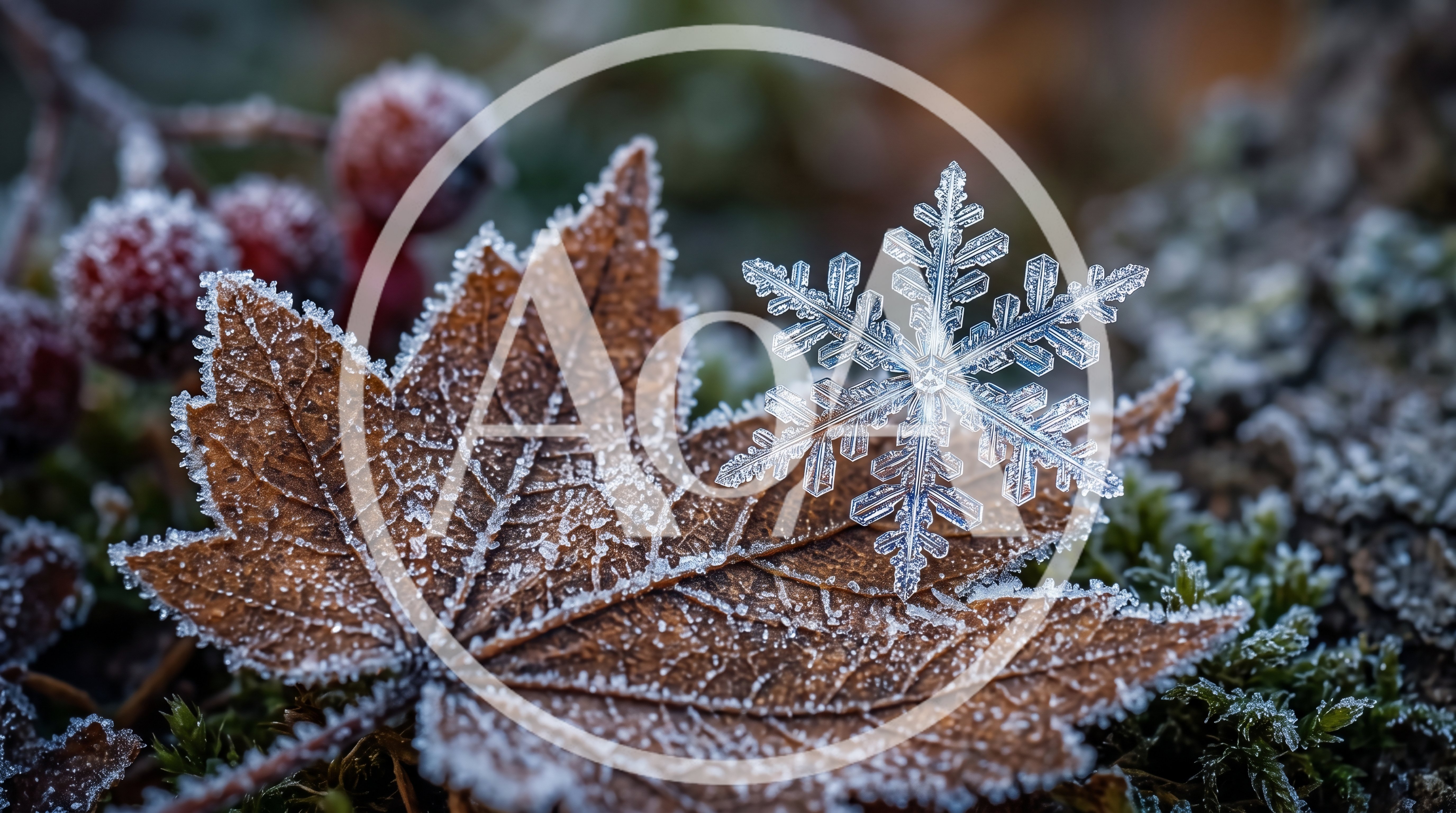 Single Snowflake Resting On A Frosted Autumn Leaf