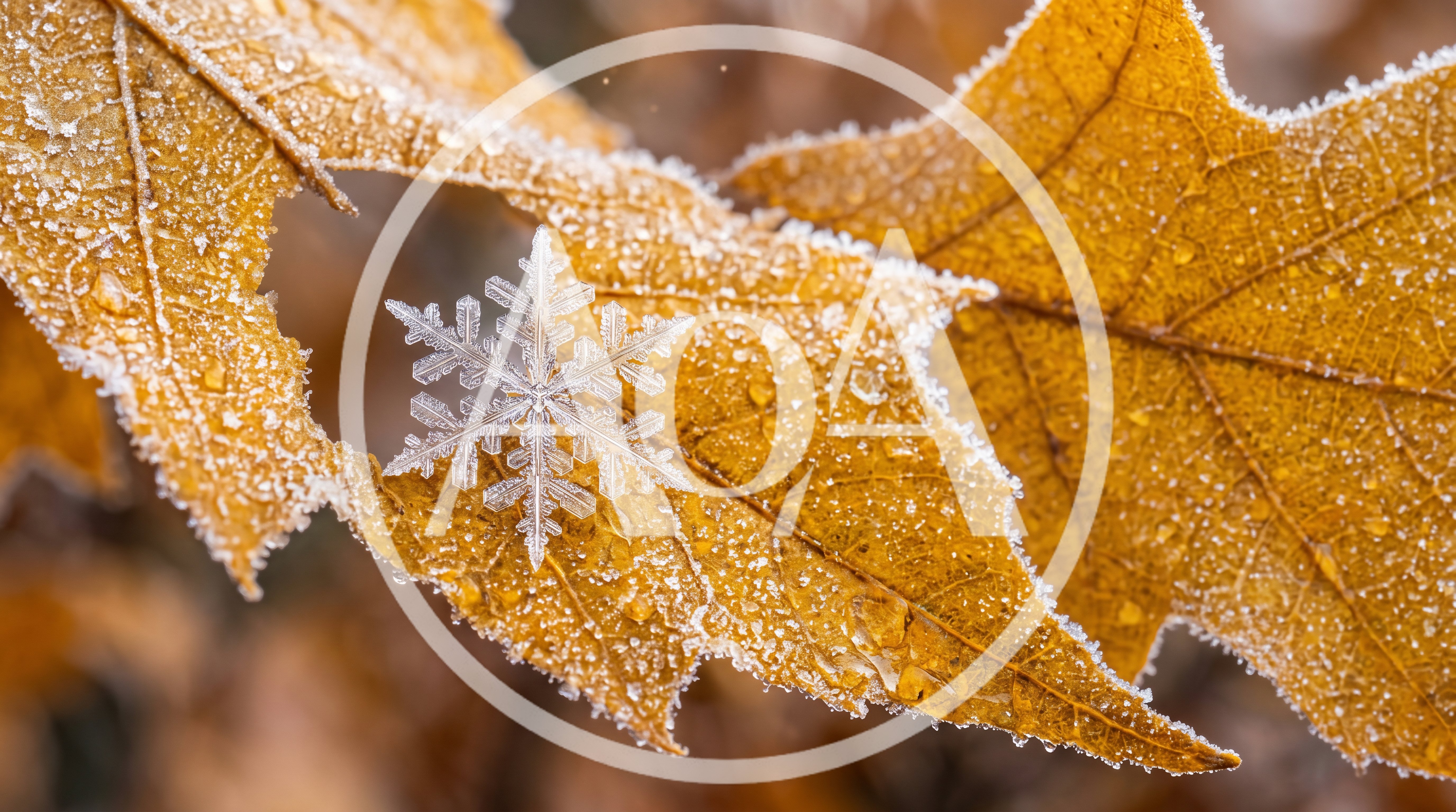 Single Snowflake Resting On A Frosty Autumn Leaf
