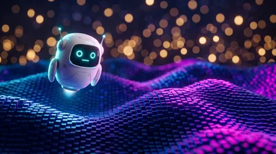 Small White Robot Hovering Over Digital Cube Landscape