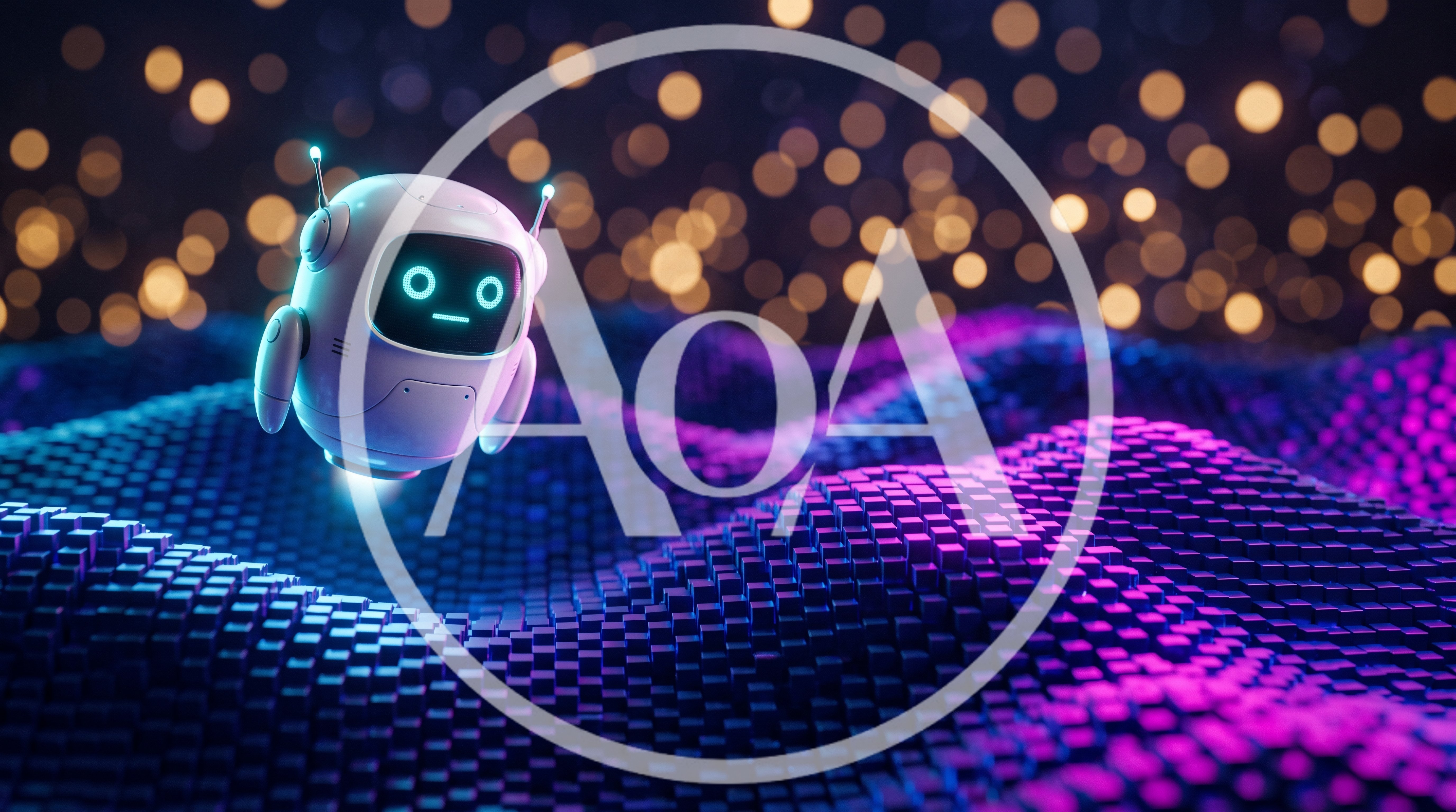Small White Robot Hovering Over Digital Cube Landscape