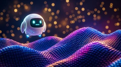 Small Cute Robot Hovering Over Digital Cube Landscape