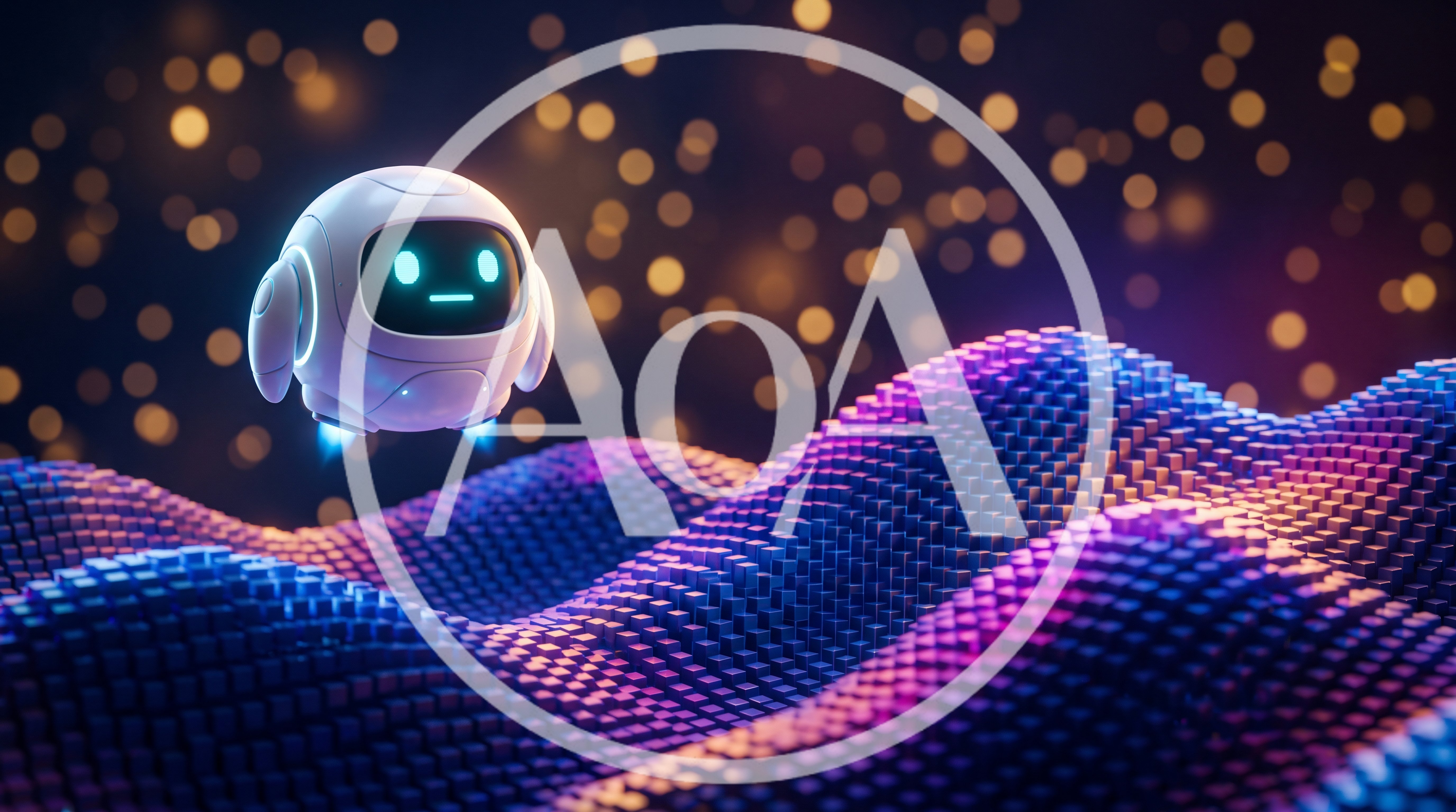 Small Cute Robot Hovering Over Digital Cube Landscape