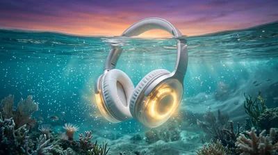 Glowing Wireless Headphones Submerged In Tropical Ocean Water