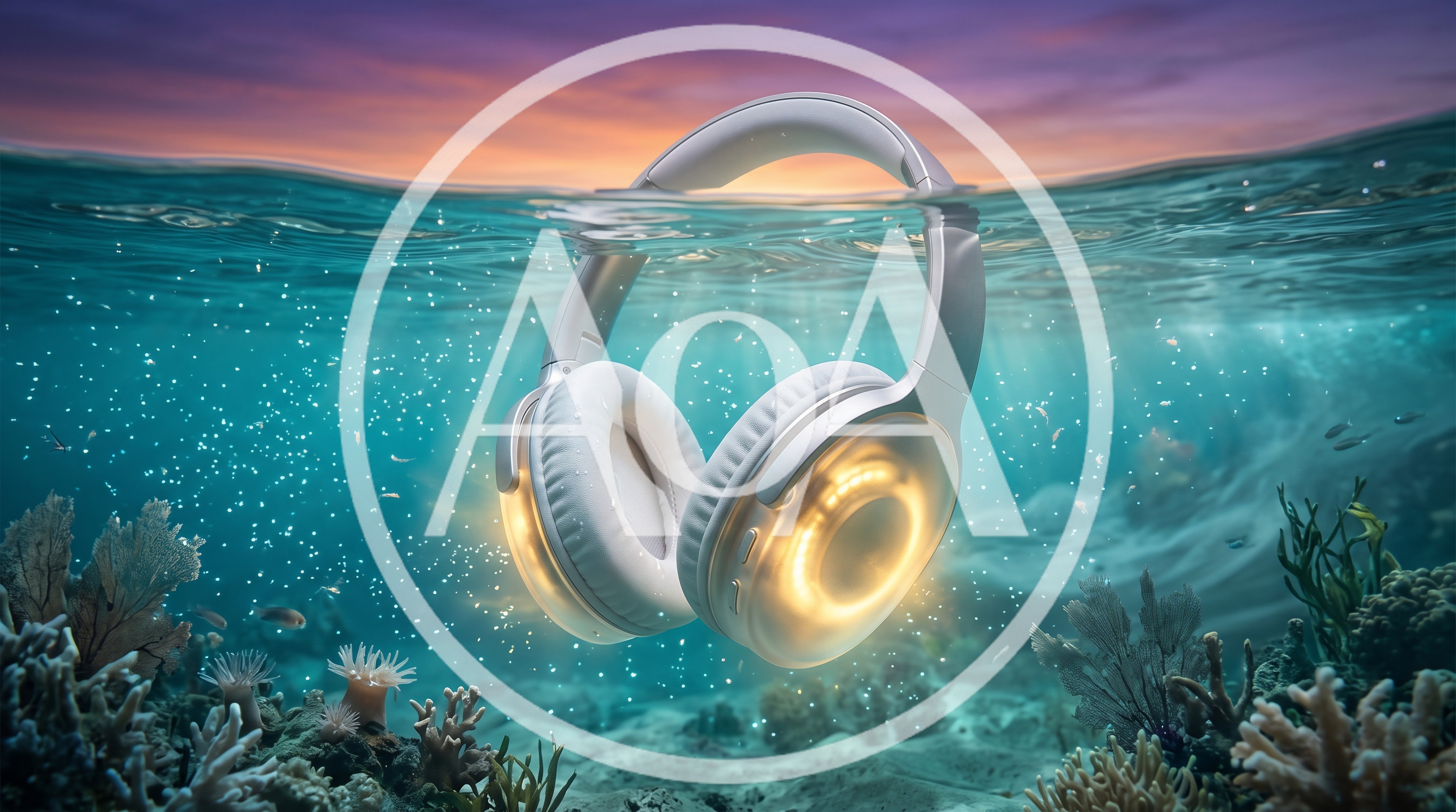 Glowing Wireless Headphones Submerged In Tropical Ocean Water