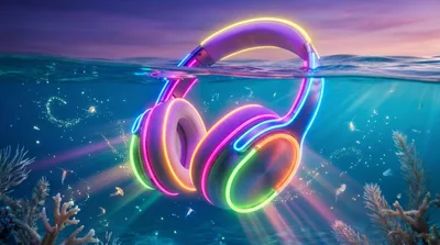 Neon Glowing Headphones Floating Underwater