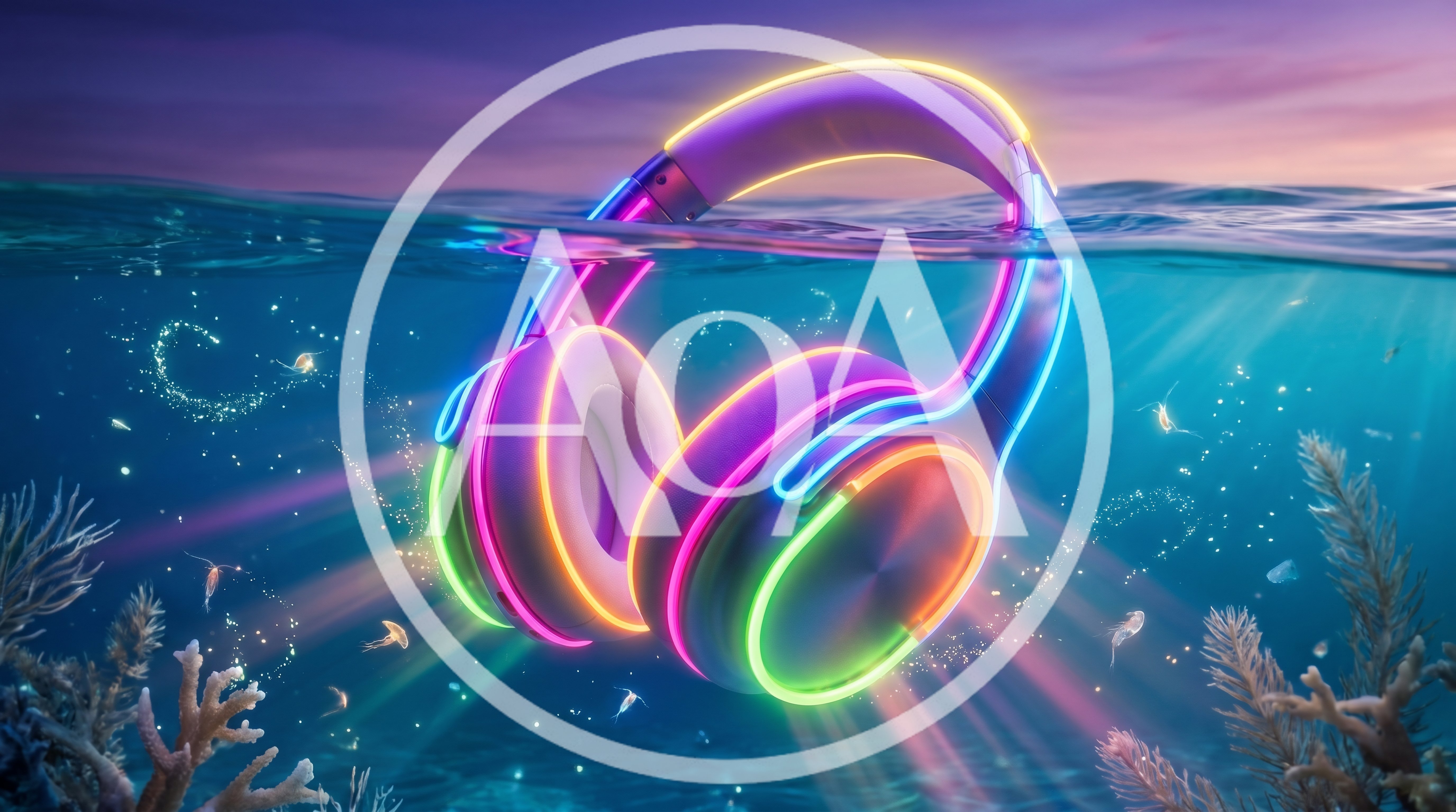 Neon Glowing Headphones Floating Underwater