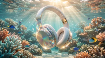 Modern Wireless Headphones Floating Underwater In Coral Reef