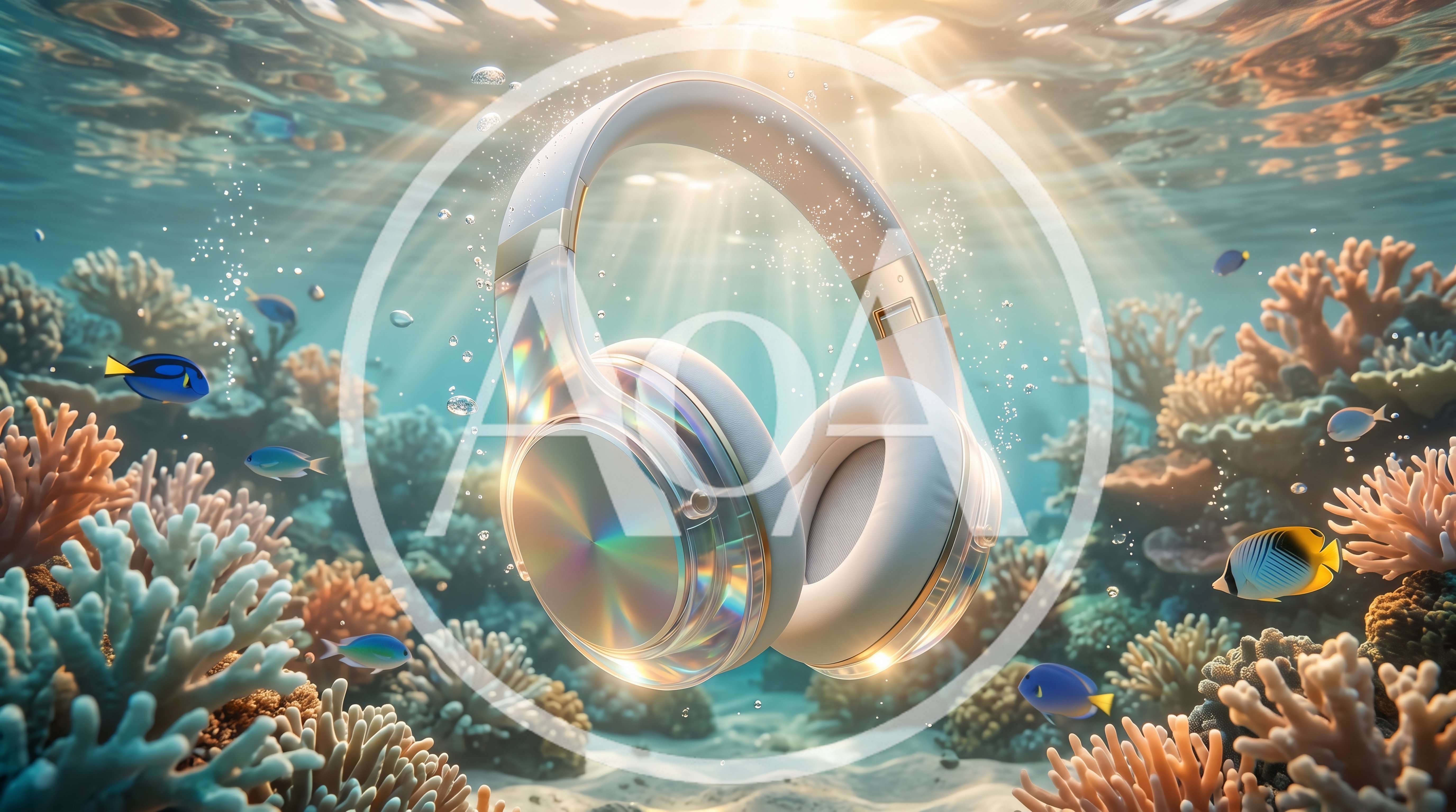 Modern Wireless Headphones Floating Underwater In Coral Reef