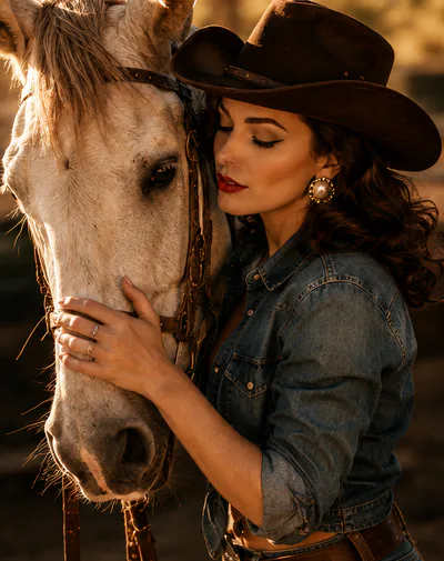 Cowgirl Embracing Her White Horse At Sunset
