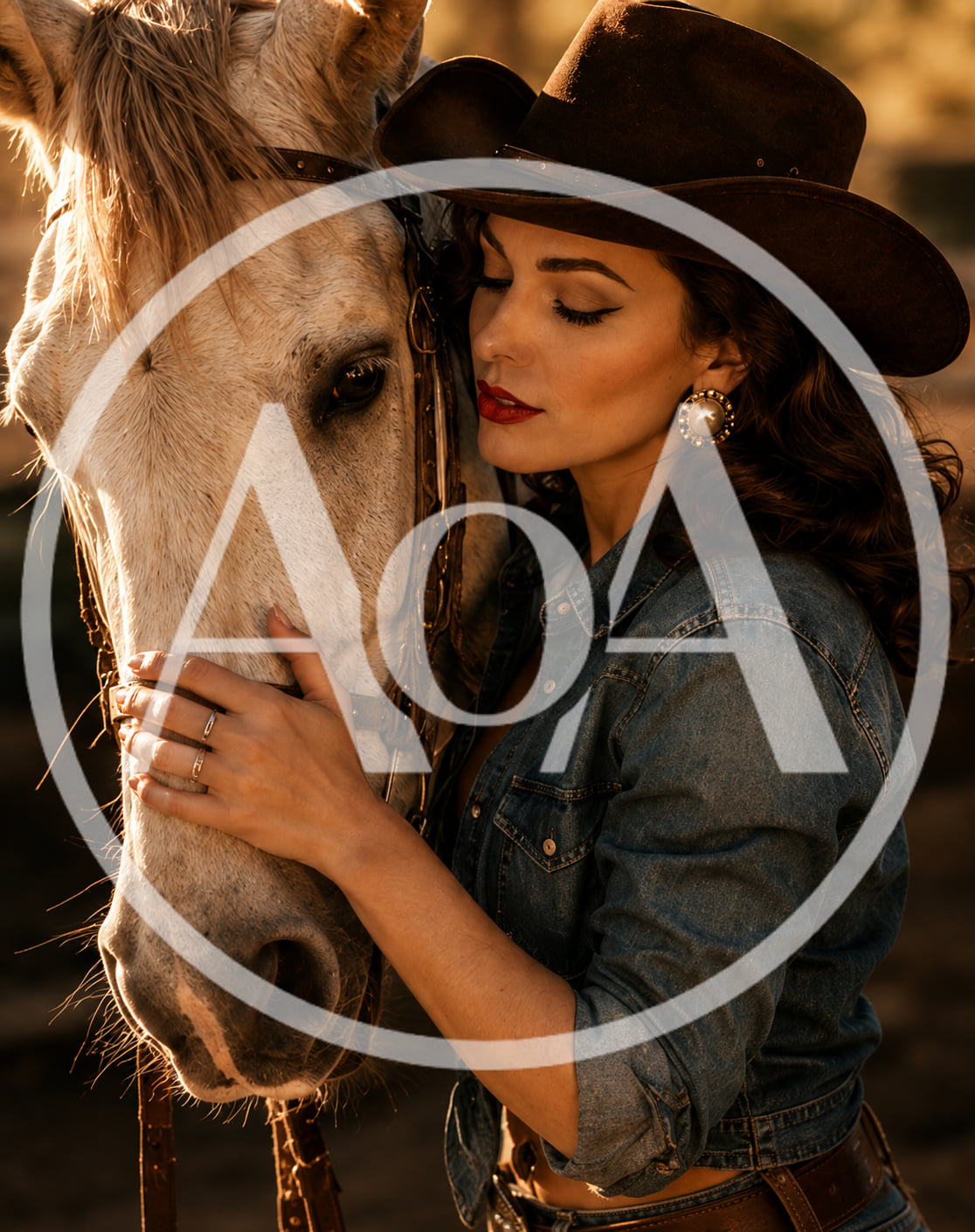 Cowgirl Embracing Her White Horse At Sunset