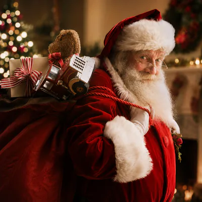 Santa Claus Carrying A Sack Of Christmas Gifts