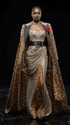 Model Walking in Leopard Print Couture Gown