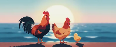 Rooster Hen and Chick Standing by the Ocean at Sunset
