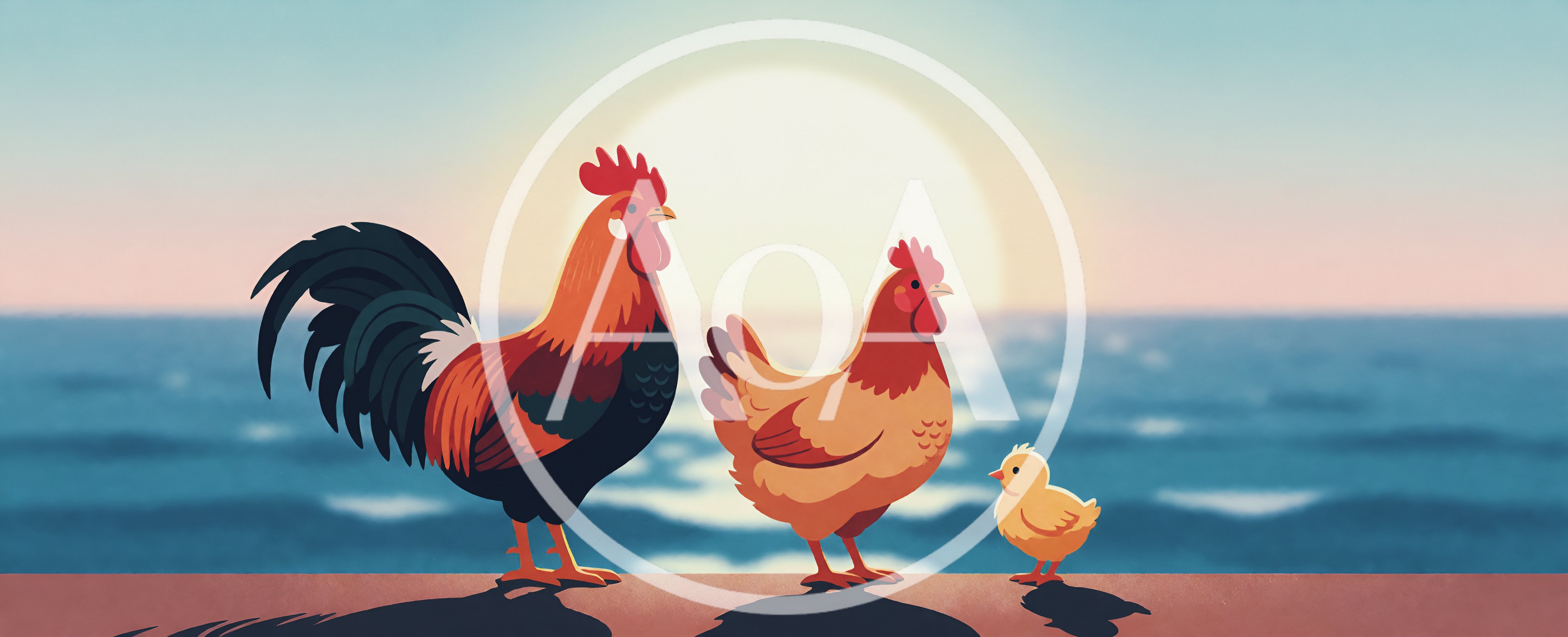 Rooster Hen and Chick Standing by the Ocean at Sunset
